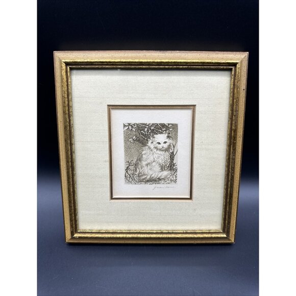 Cat Among Branches Small Print Vintage Signed Yachiyo Naito Gold Frame Wall Mini - Picture 1 of 7
